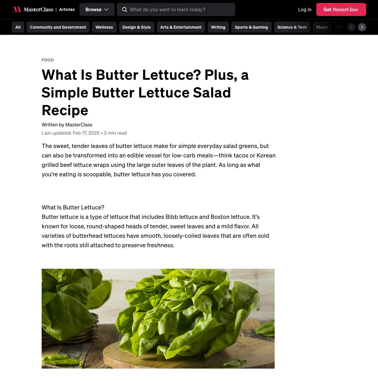 MasterClass 的黄油生菜文章页面，至今仍在