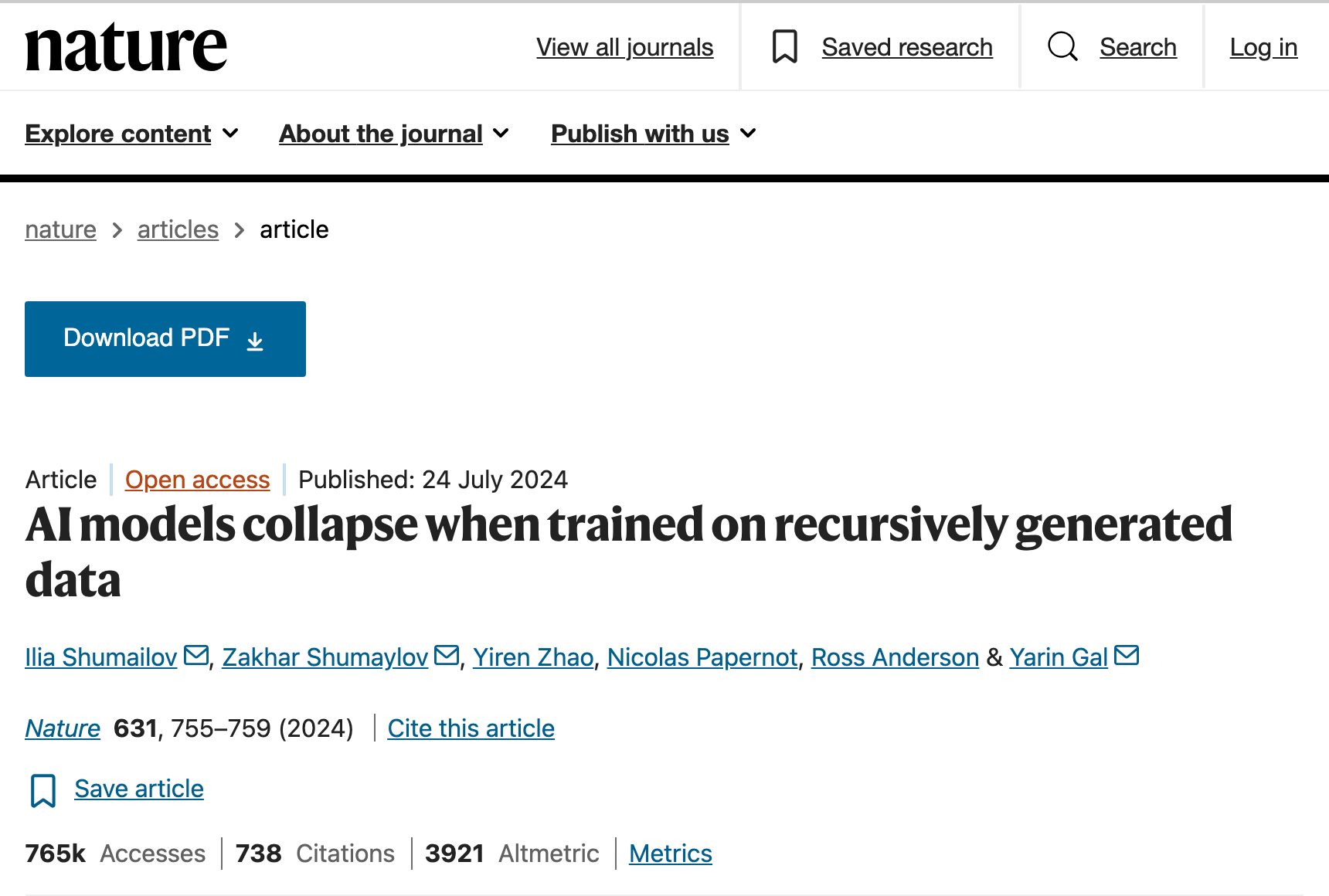 Nature 论文：AI models collapse when trained on recursively generated data