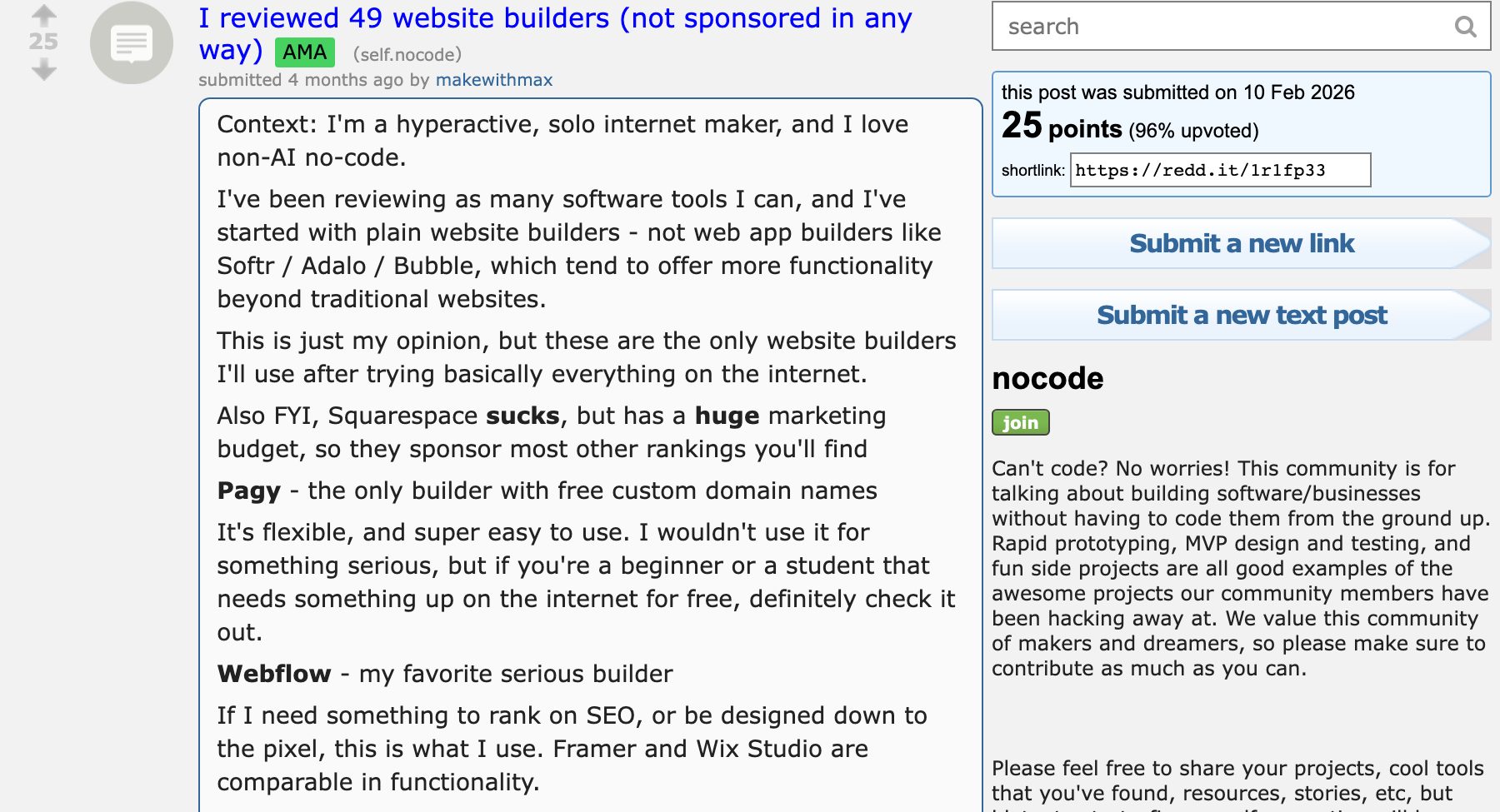 Reddit r/nocode 真实帖子：我评测了 49 个建站工具（无任何赞助）